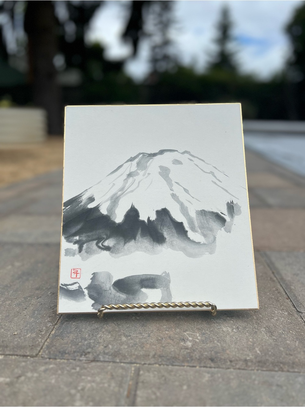 Japanese Sumi-e Ink Painting of Mount Fuji Original Artwork on Shikishi Board